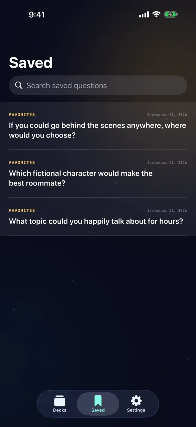 Three saved Favorites questions in the Convo Cards Saved tab.