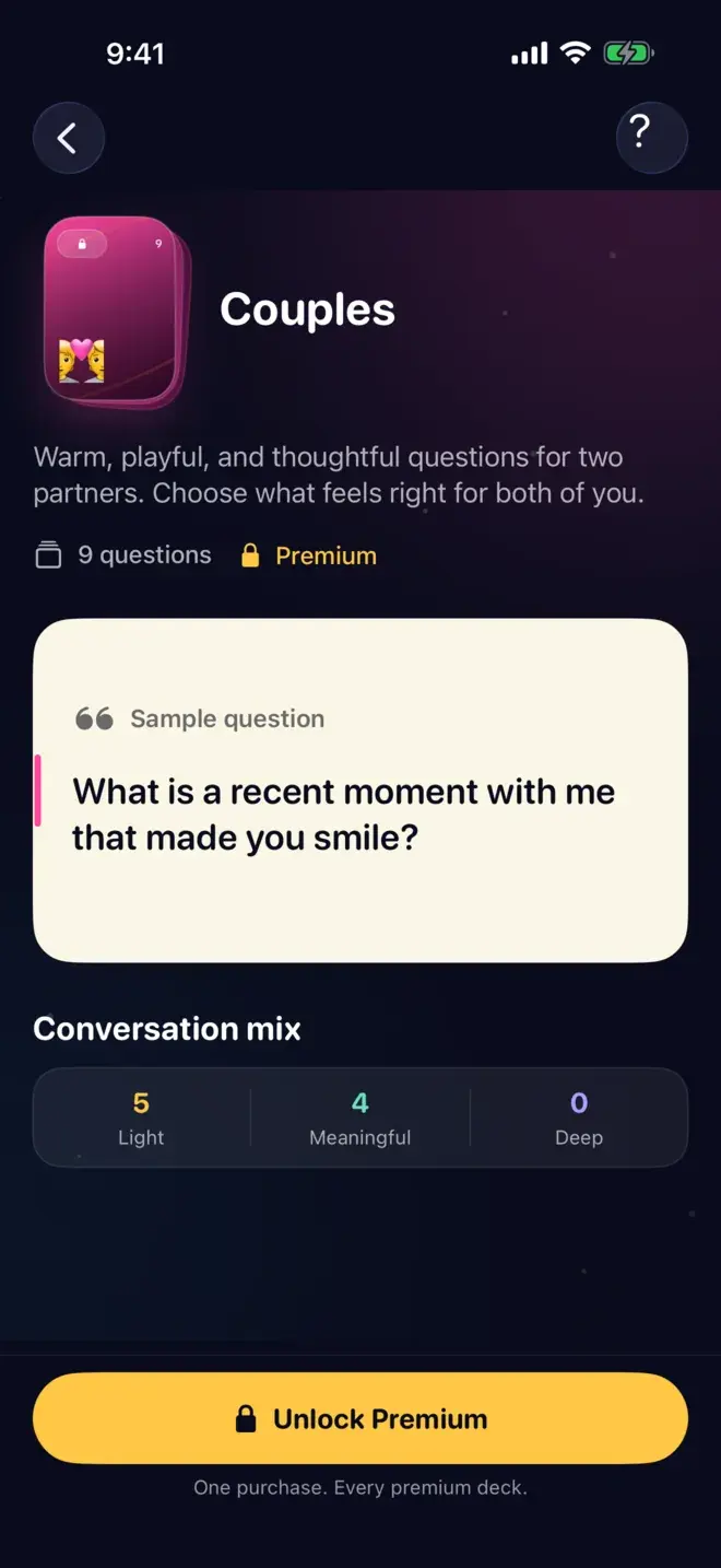 The Couples deck preview with the sample question: What is a recent moment with me that made you smile?