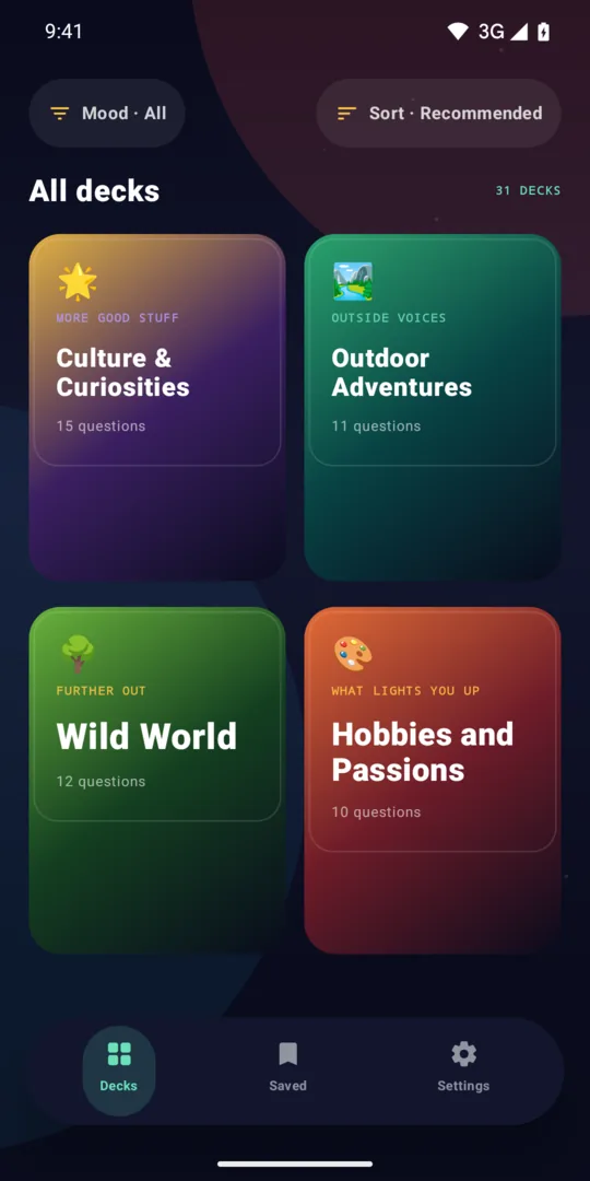 Convo Cards on Android: browsing decks, an unrevealed card, and the Culture & Curiosities deck.