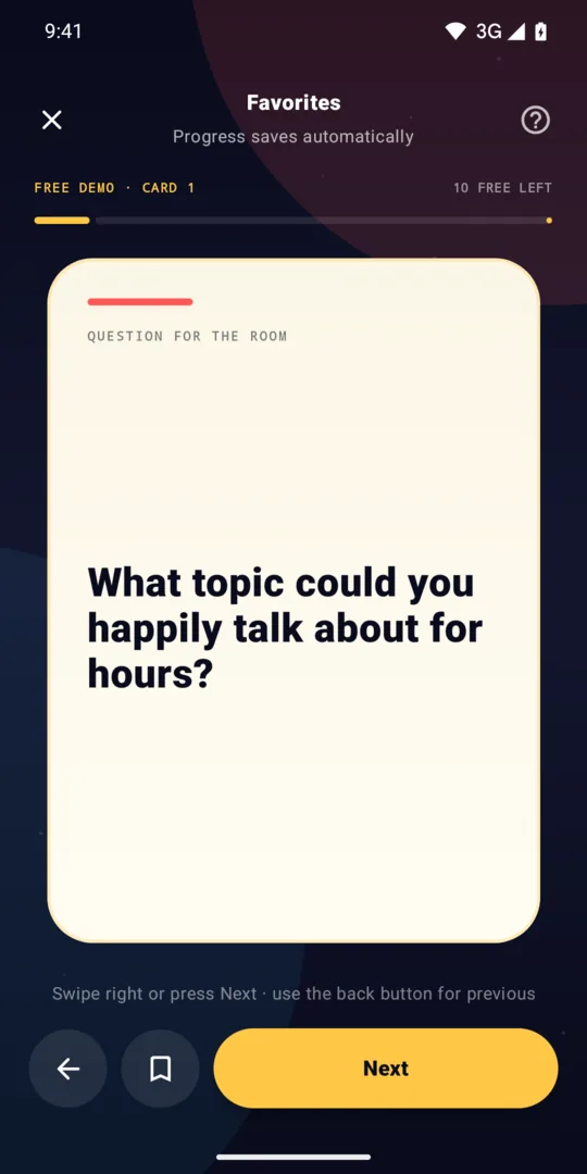 A revealed Favorites question on Android: What topic could you happily talk about for hours?