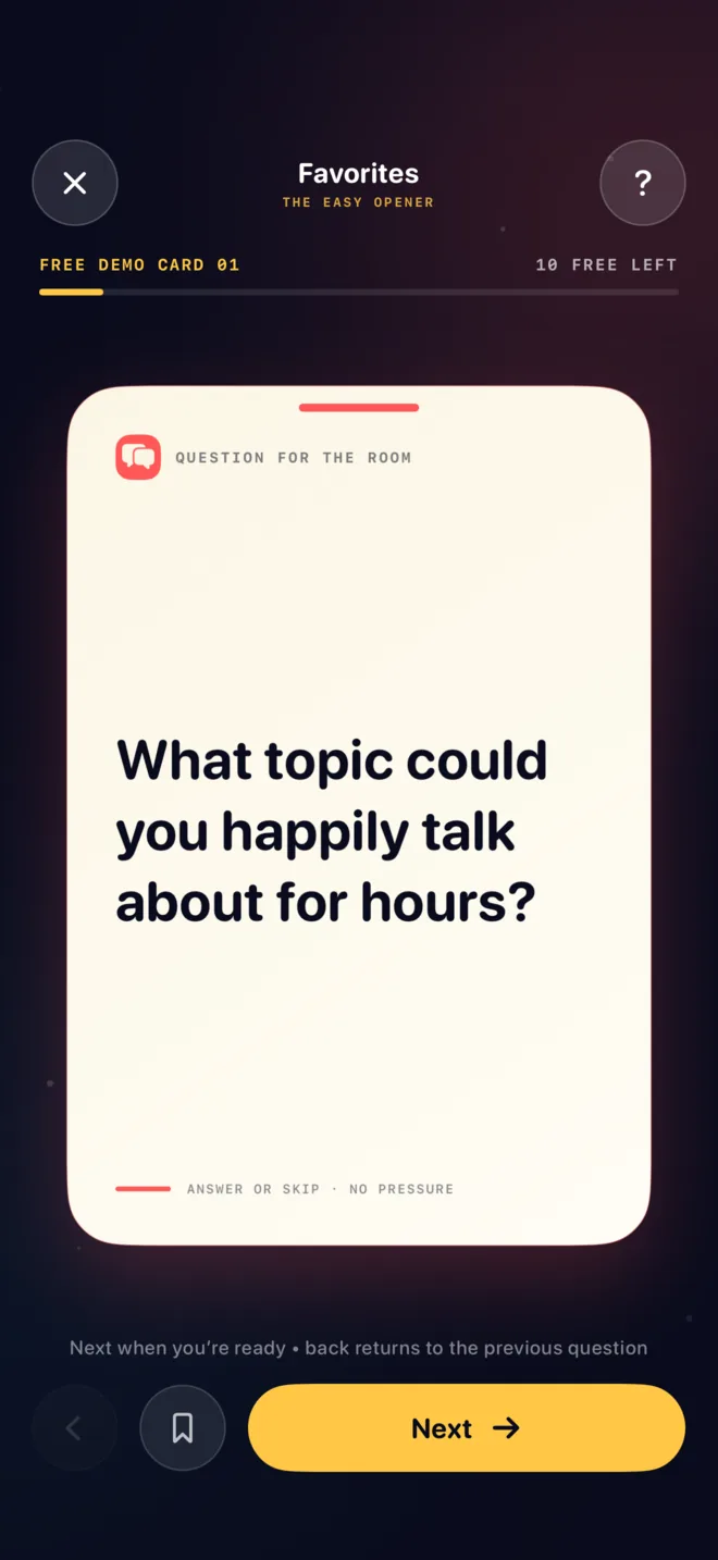 Convo Cards on iPhone showing a Favorites question: What topic could you happily talk about for hours?