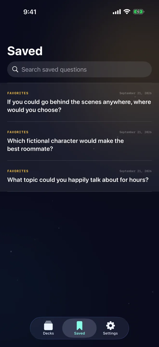 Three saved Favorites questions in the Convo Cards Saved tab.