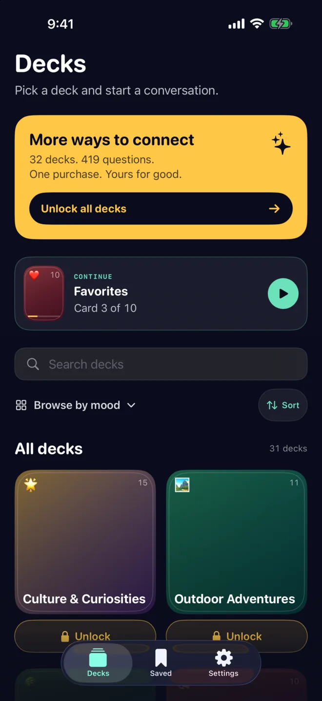 The Decks screen showing Favorites ready to continue at card 3 of 10.