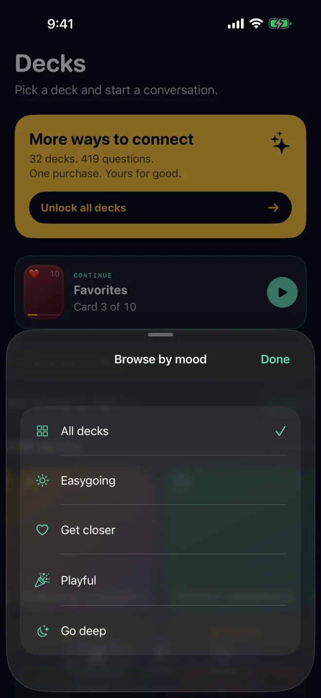 The Browse by mood sheet in Convo Cards with Easygoing, Get closer, Playful, and Go deep options.