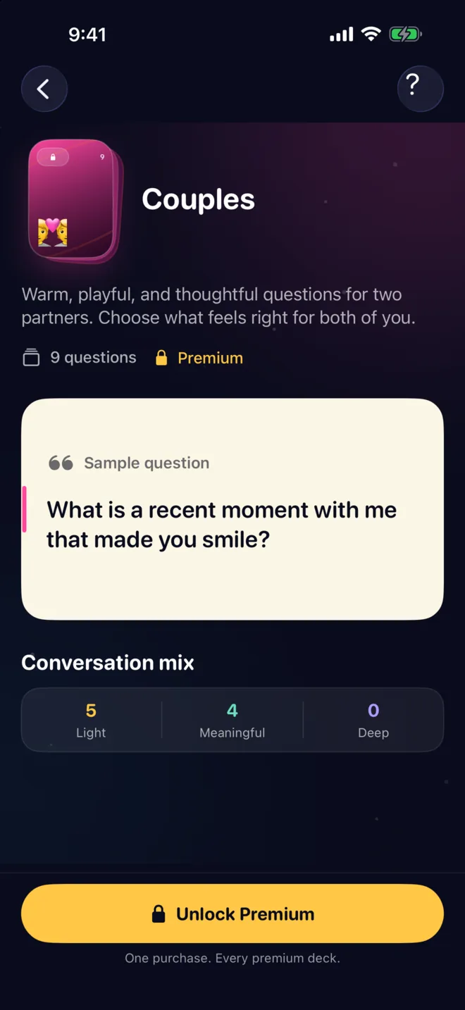 The Couples deck preview with the sample question: What is a recent moment with me that made you smile?